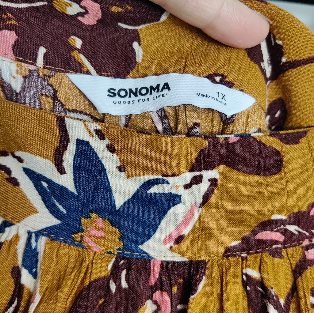 Sonoma Square Neckline Mustard Yellow Floral Long Sleeve Rayon Blouse Size 1x — image 7 of 8